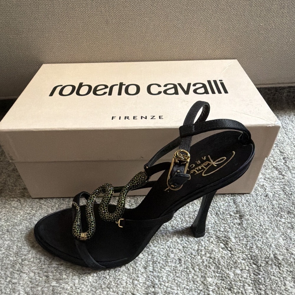 Roberto Cavalli Black/Gold Silk Strappy Open Toe Ankle Strap Buckle Heel 9 NIB - Picture 3 of 6